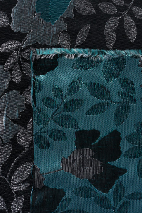 Jacquard fabric - black in silver-turquoise flowers