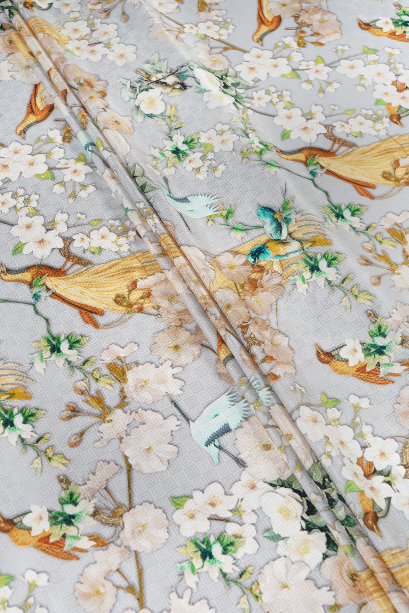 Jedwab żakardowy w kwiaty - szary KUPON 70cm