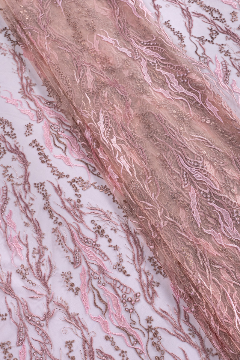 Tulle embroidered in twigs - dirty pink COUPON 220cm