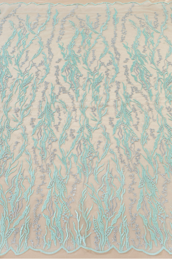 Tulle embroidered with twigs - mint COUPON 145cm