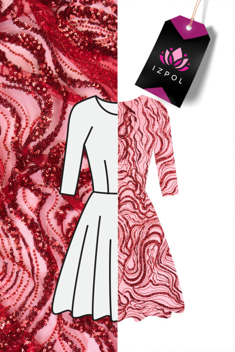 Sequined tulle red COUPON 70cm