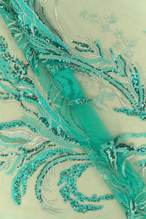 Tulle with beads and sequins turquoise COUPON 110cm