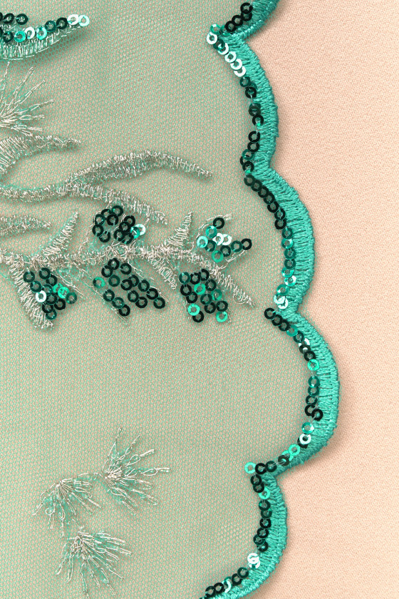 Tulle with beads and sequins turquoise COUPON 110cm