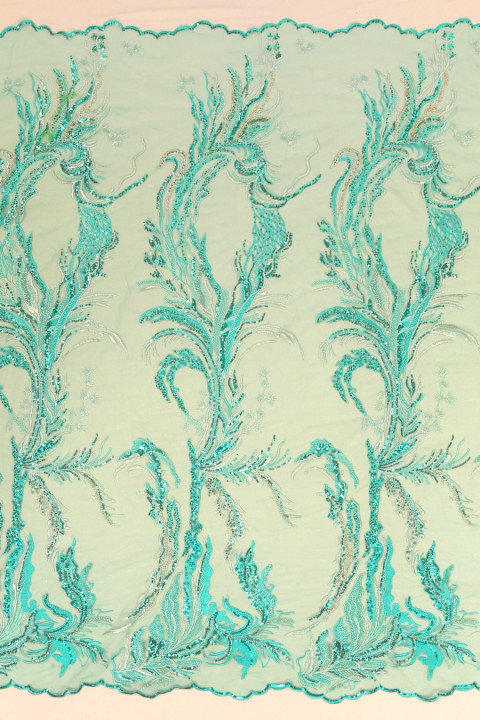 Tulle with beads and sequins turquoise COUPON 110cm