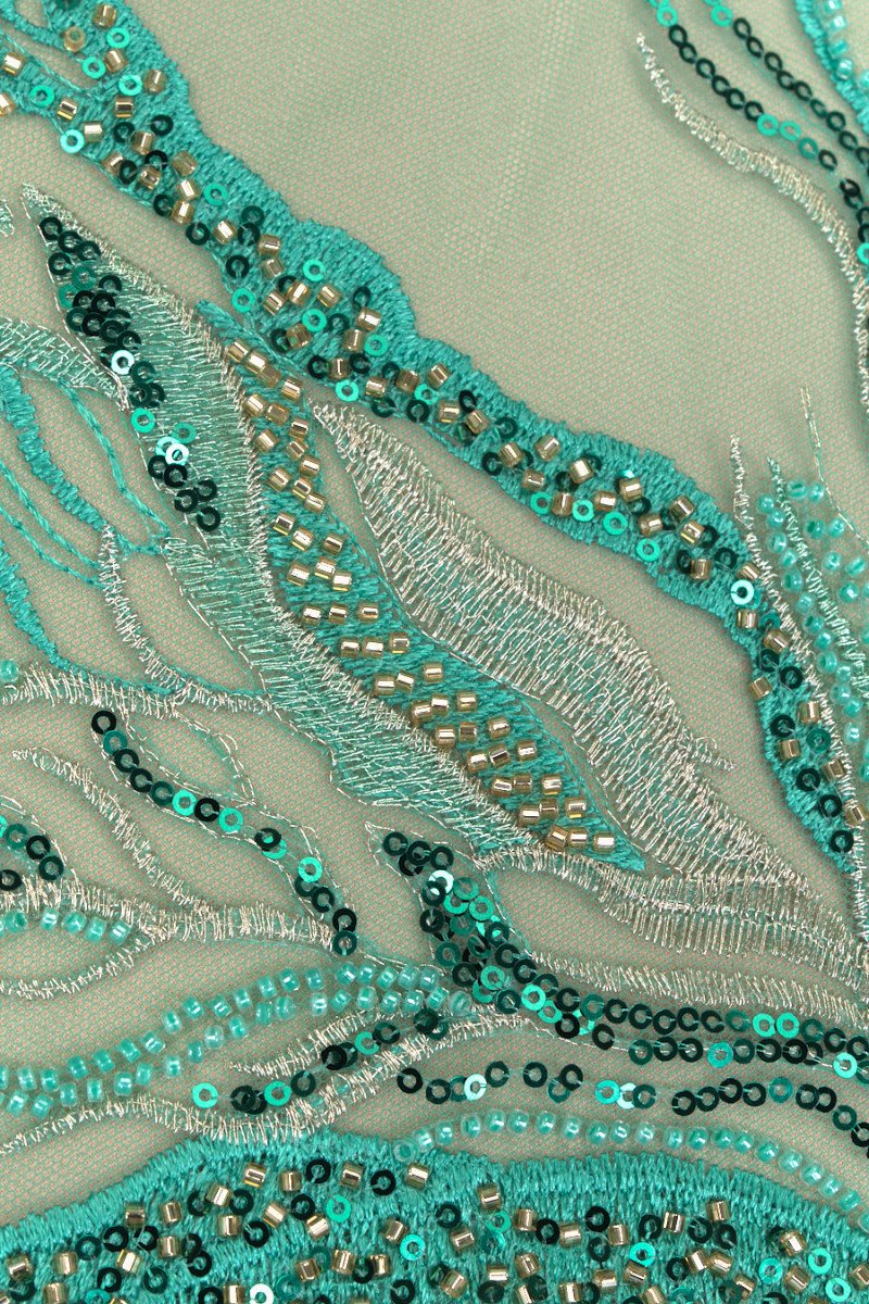 Tulle with beads and sequins turquoise COUPON 110cm
