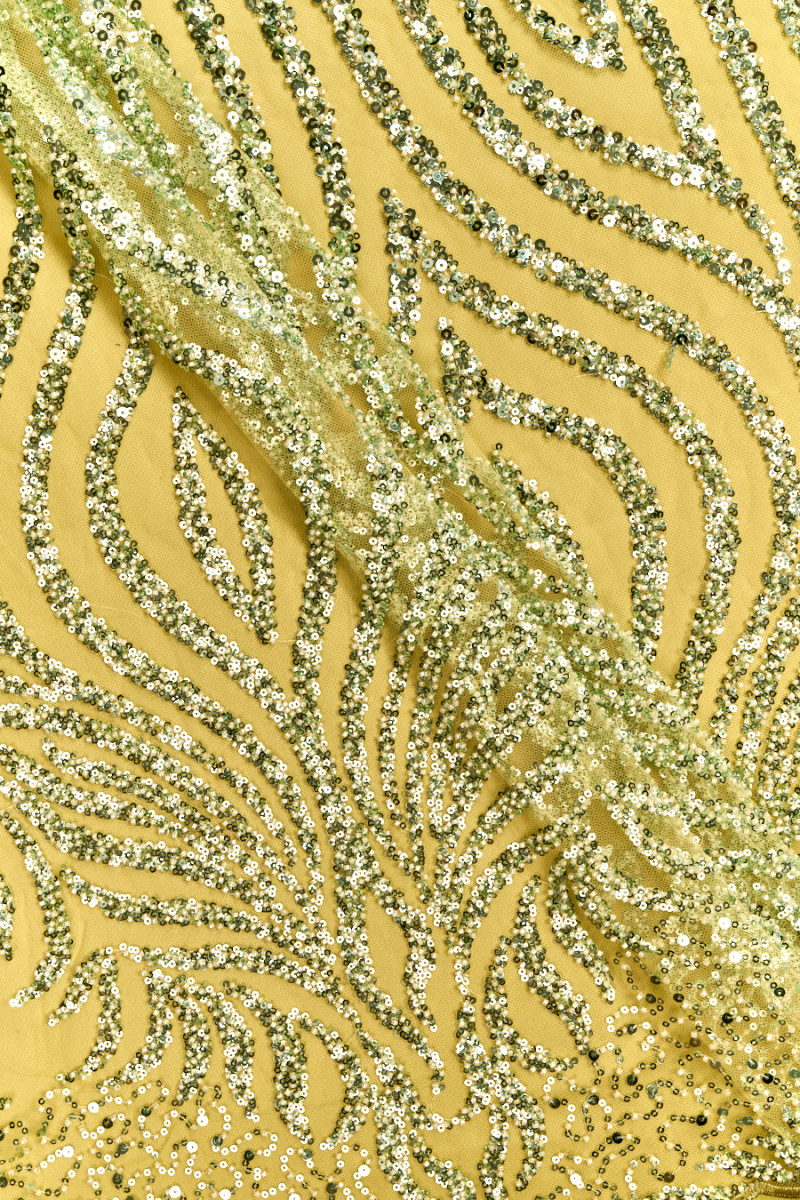Multi-Color Fabric - Lt Gold/Silver/Black - Feather Shape Sequins Fabric By  Yard