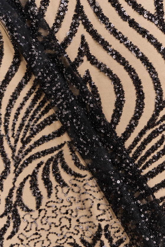 Tulle with sequins and beads black COUPON 75 cm