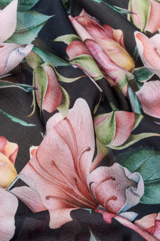 Szyfon jedwabny duże kwiaty KUPON 40cm