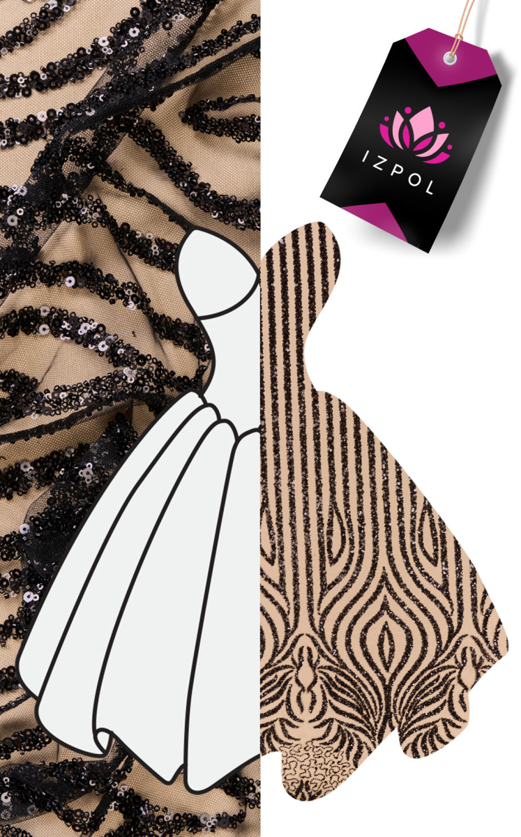 Tulle with sequins and beads black COUPON 75 cm