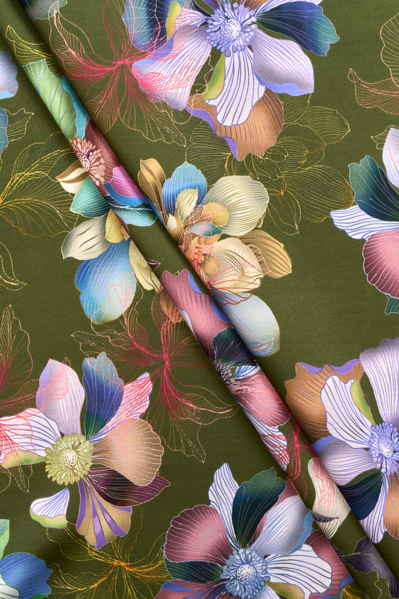 Viscose satin with colorful flowers