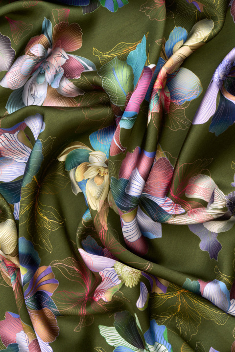Viscose satin with colorful flowers