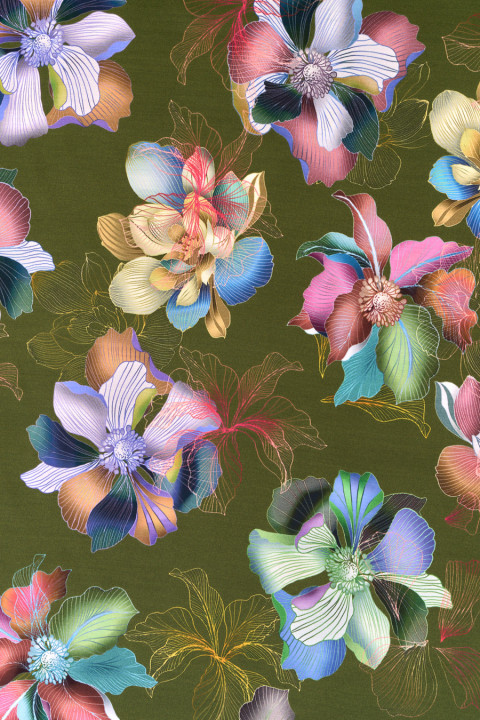 Viskose-Satin mit bunten Blumen