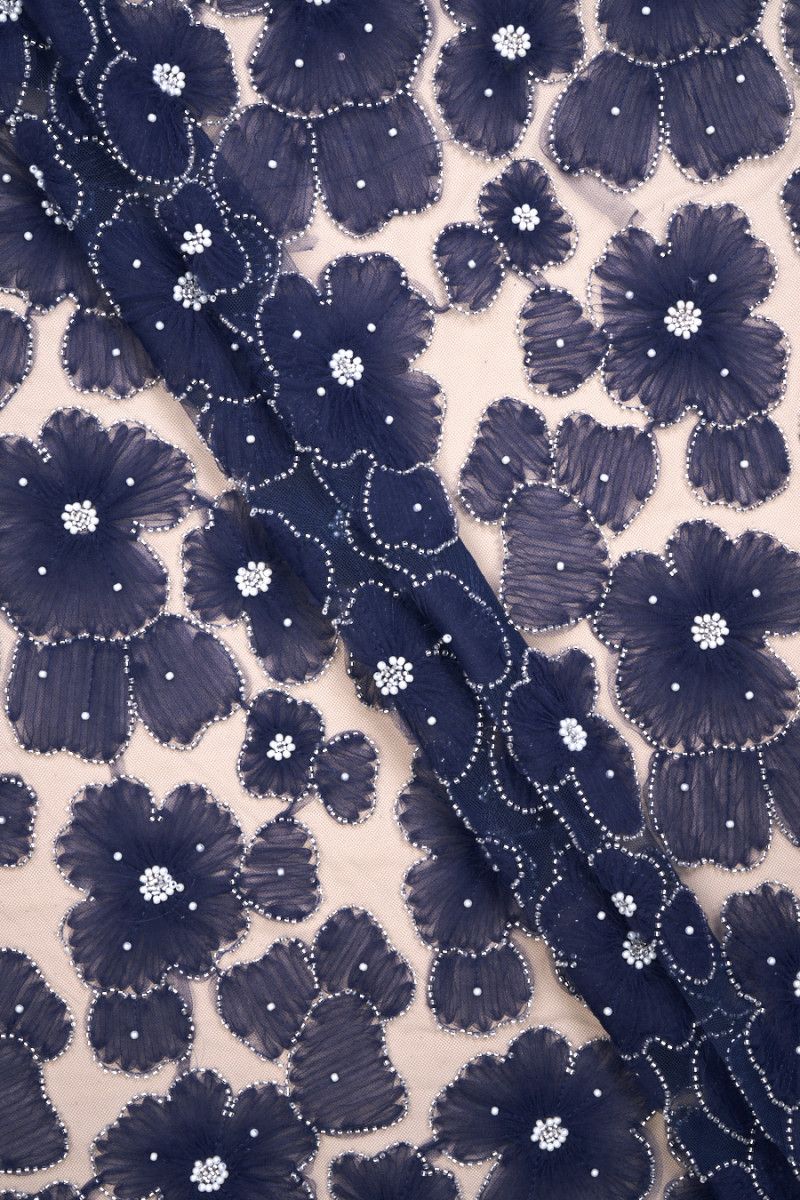 Tulle with flowers and beads navy blue