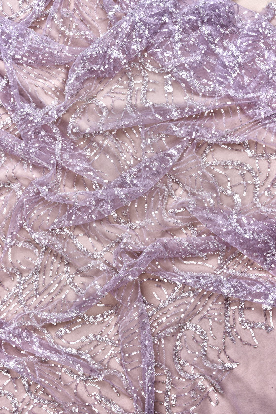 Tulle with sequins and beads lilac COUPON 140cm