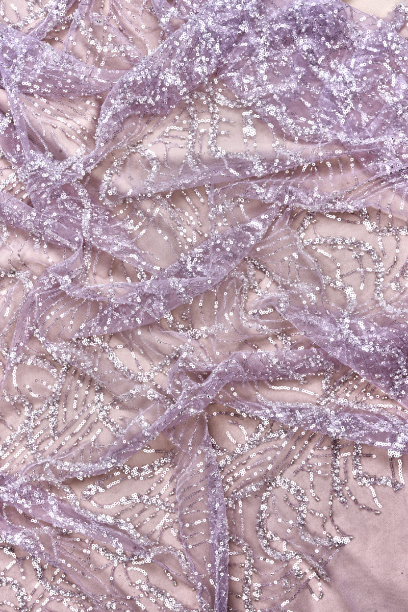 Tulle with sequins and beads lilac COUPON 140cm