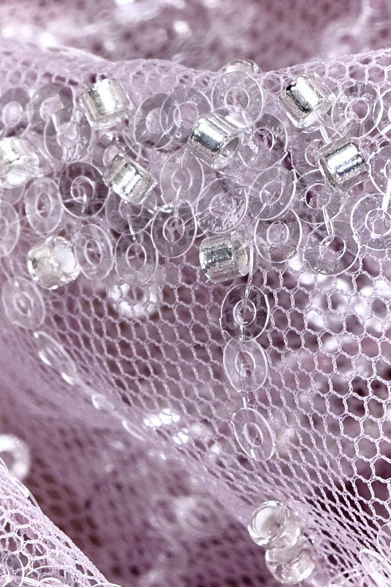 Tulle with sequins and beads lilac COUPON 140cm