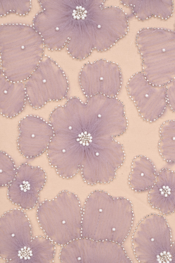 Tulle with flowers and beads lilac COUPON 140 cm