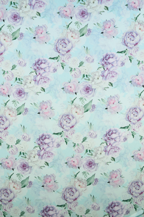 Polyester satin in turquoise peonies