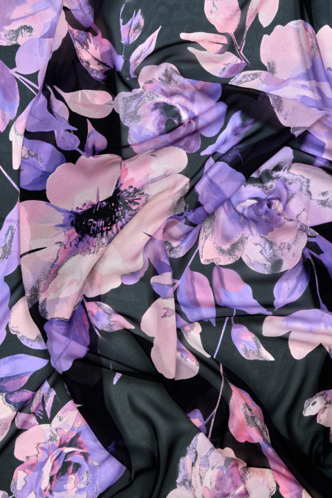 Zijde chiffon paarse bloemen COUPON 140cm