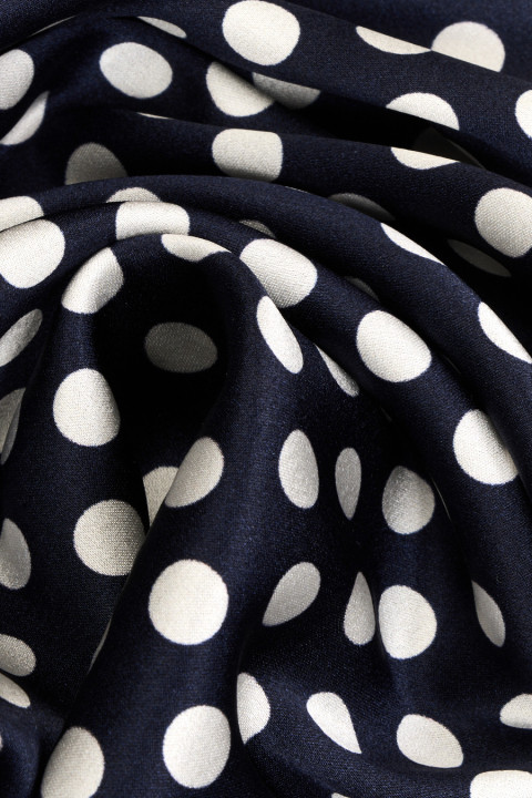Navy blue silk satin with white polka dots