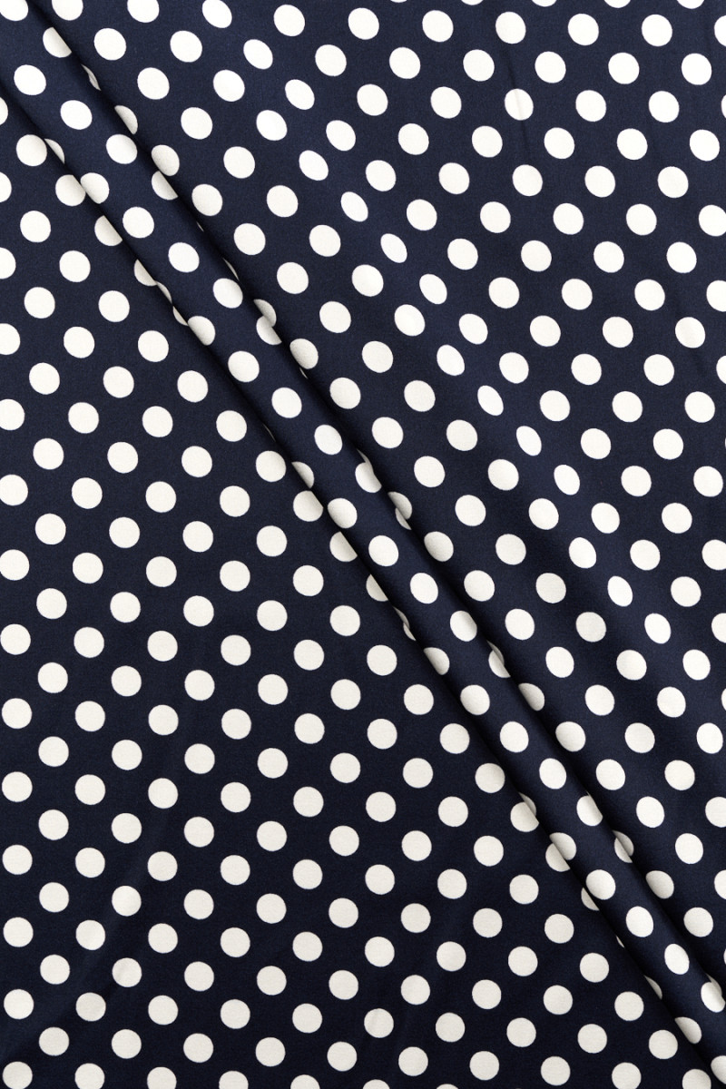 Navy blue silk satin with white polka dots