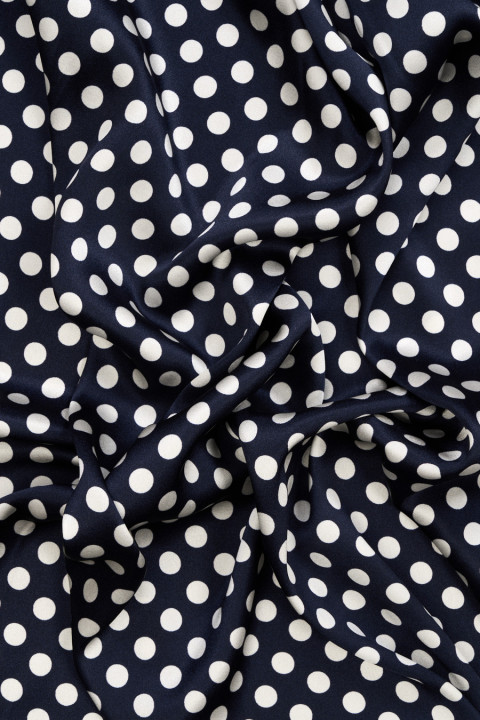 Navy blue silk satin with white polka dots
