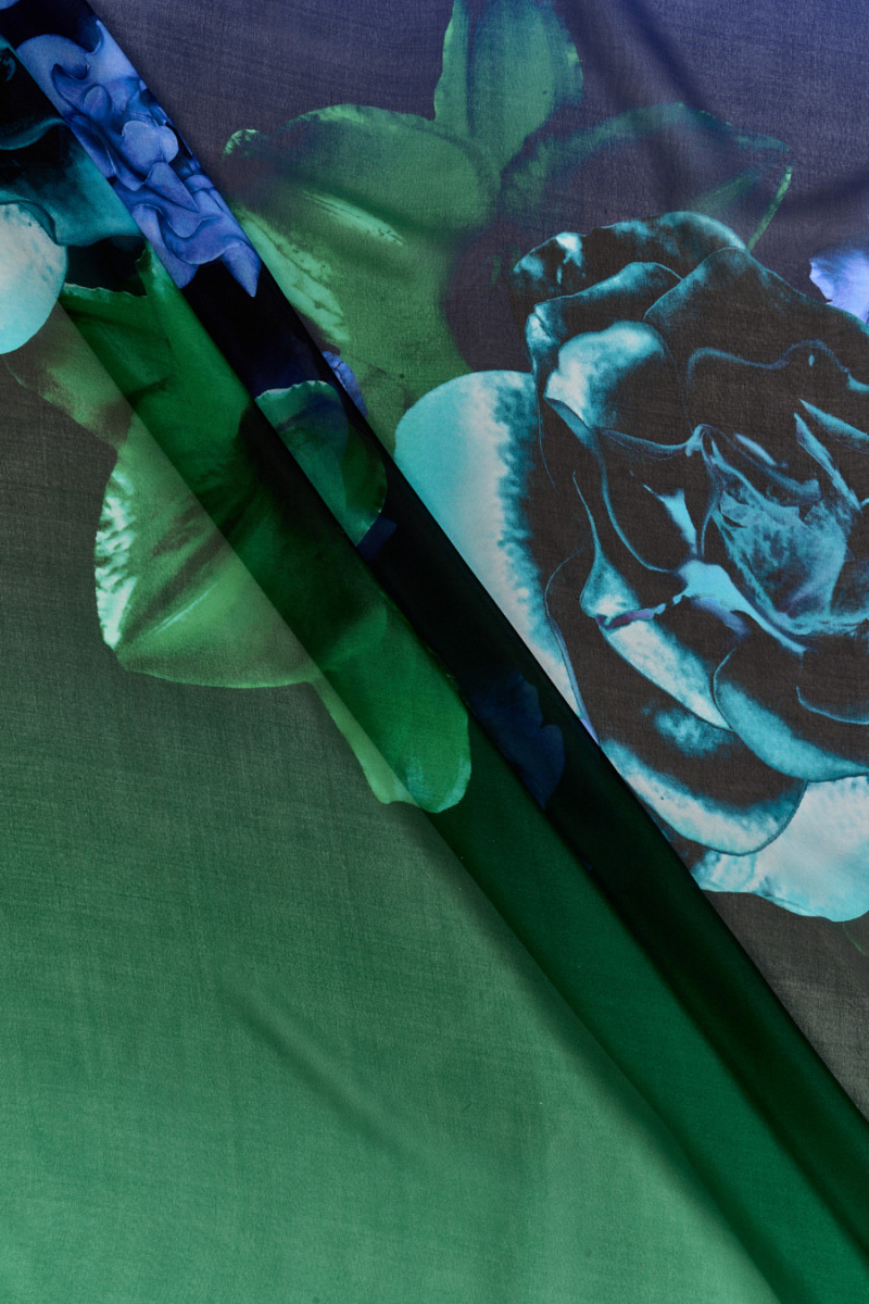 Silk muslin with green and blue flowers