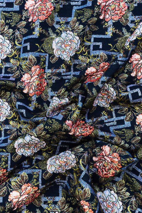 Navy blue jacquard with pastel flowers