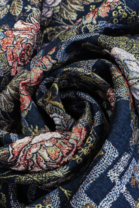 Navy blue jacquard with pastel flowers