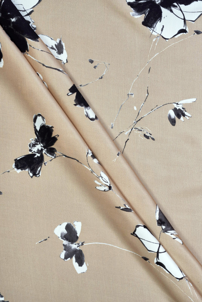 Viscose satin beige with flowers