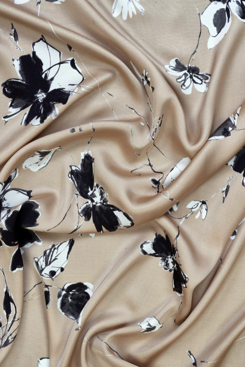 Viscose satin beige with flowers