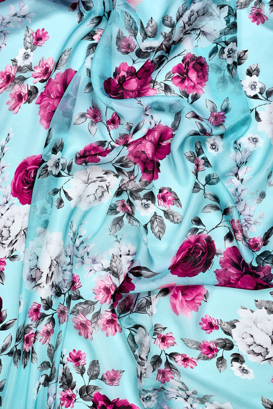 Silk muslin with fuchsia flowers