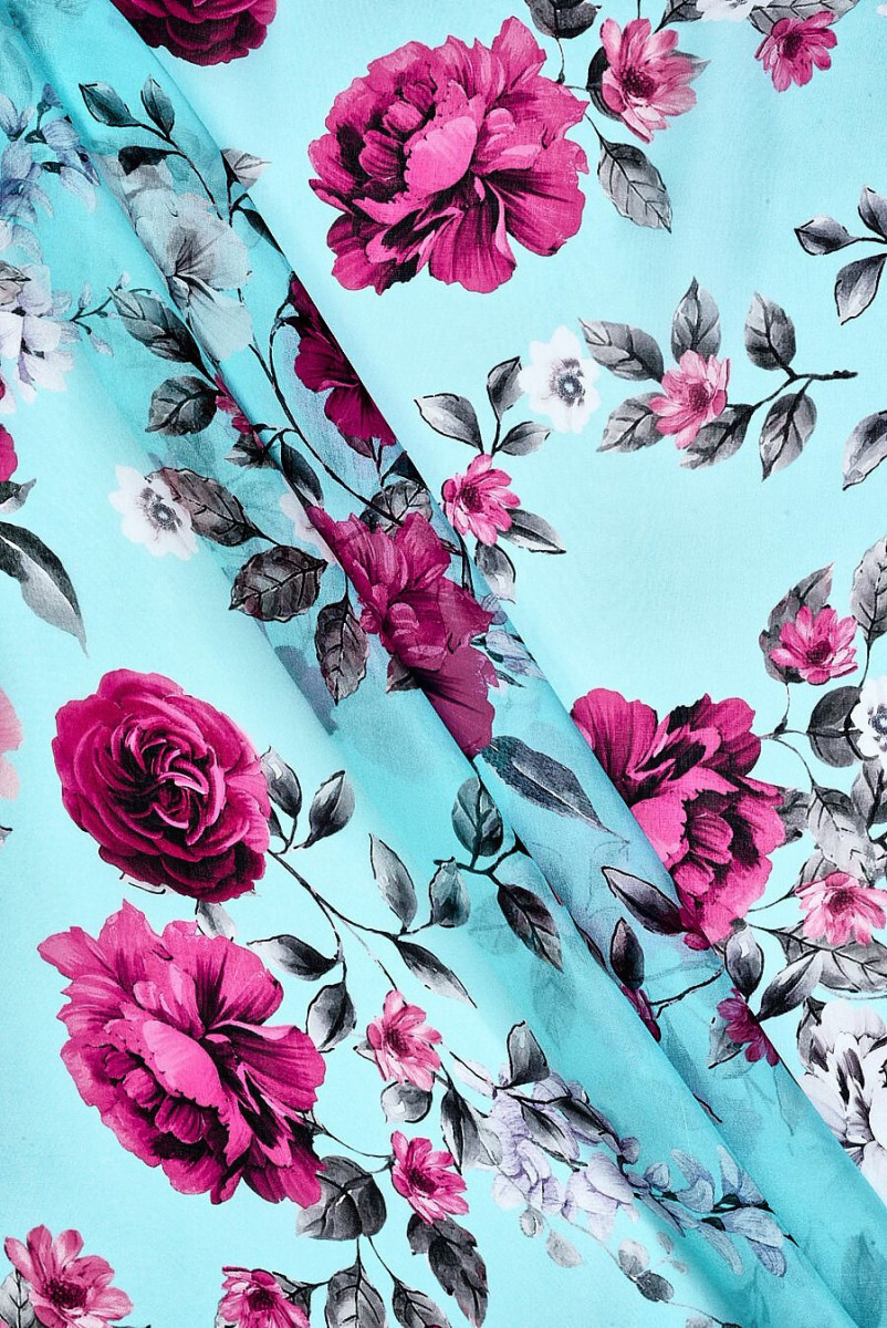 Silk muslin with fuchsia flowers