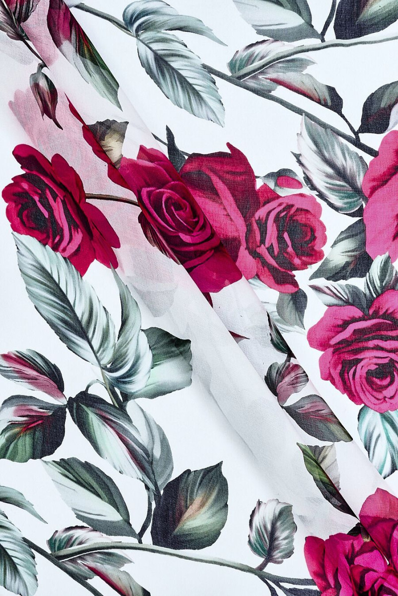 Silk muslin with dark pink roses