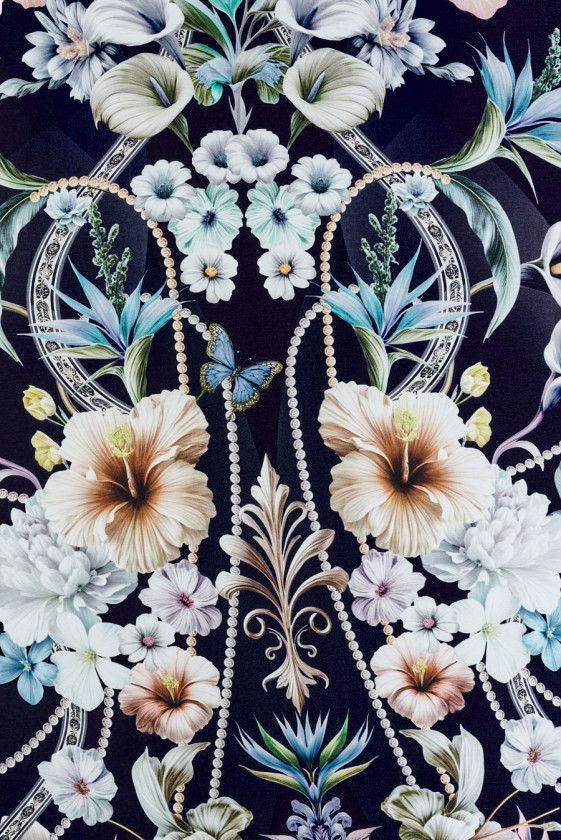 Floral silk satin with a navy blue border