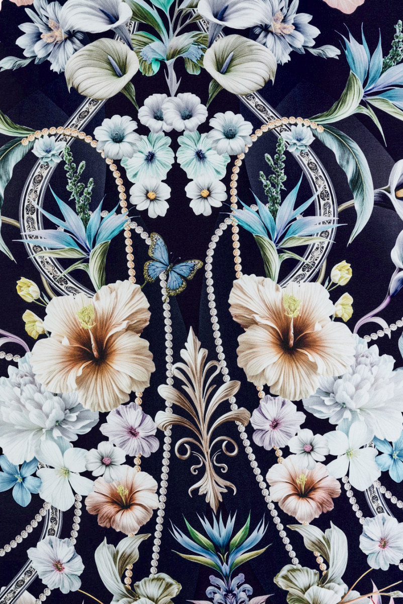 Floral silk satin with a navy blue border