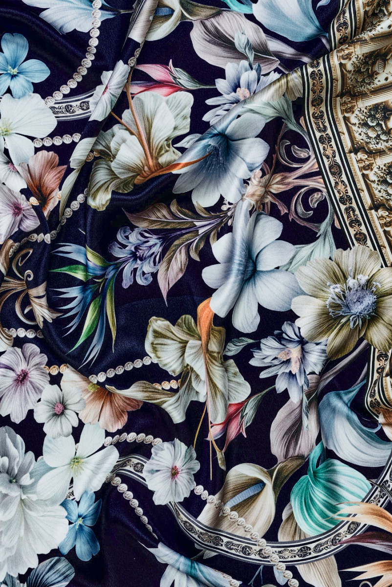 Floral silk satin with a navy blue border