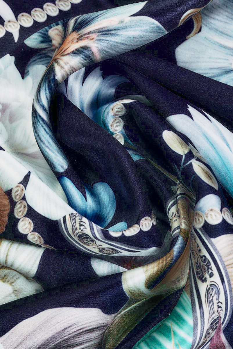 Floral silk satin with a navy blue border