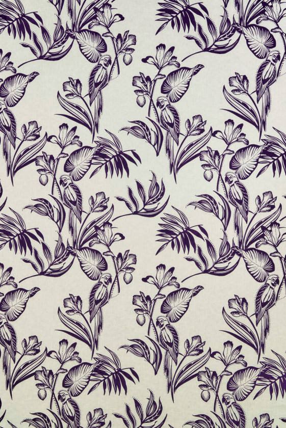 Flachs, violette Blätter und Papageien