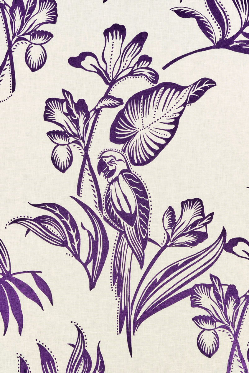 Flachs, violette Blätter und Papageien