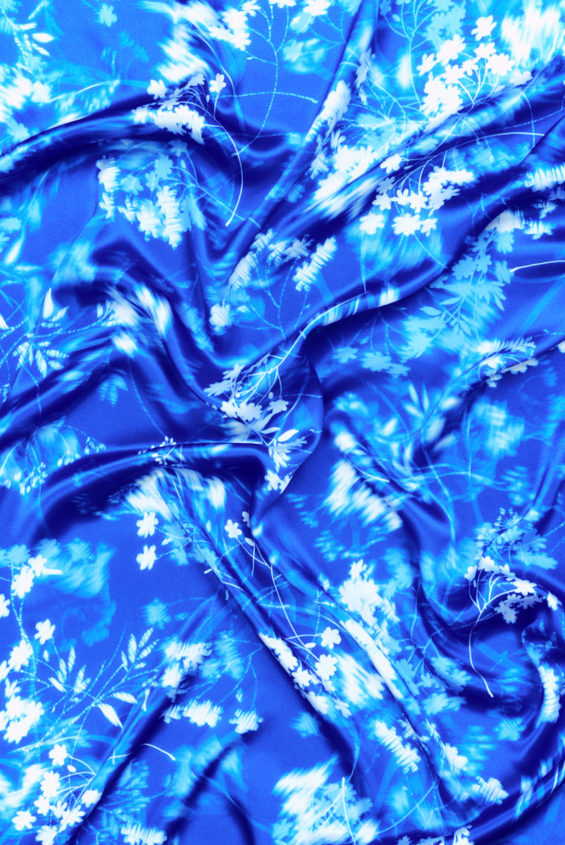 Cornflower blue silk satin with blurred flowers