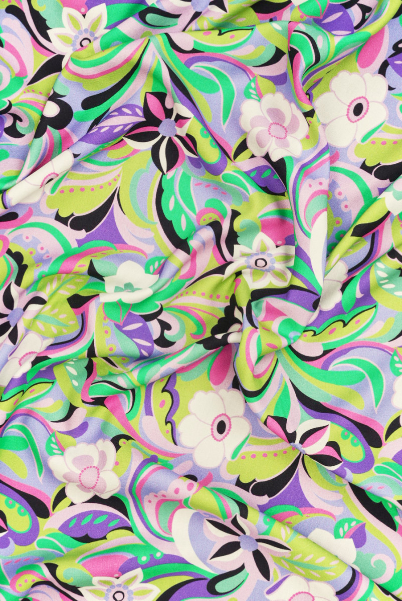 Viscose with colorful flowers with purple