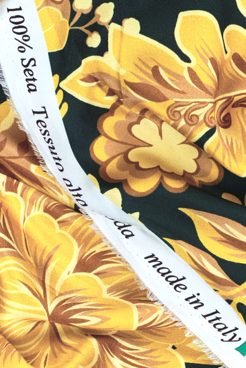 Silk satin with golden oriental flowers