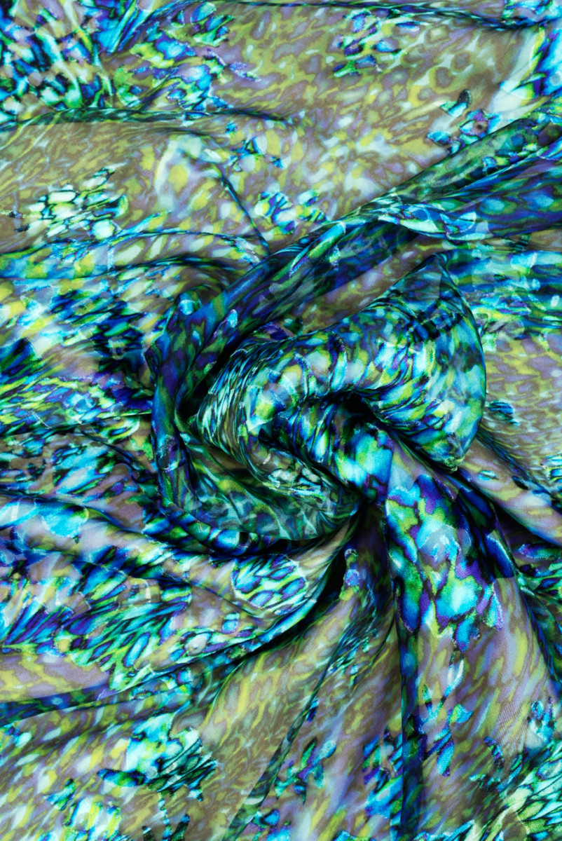 Silk with viscose devore cornflower-green