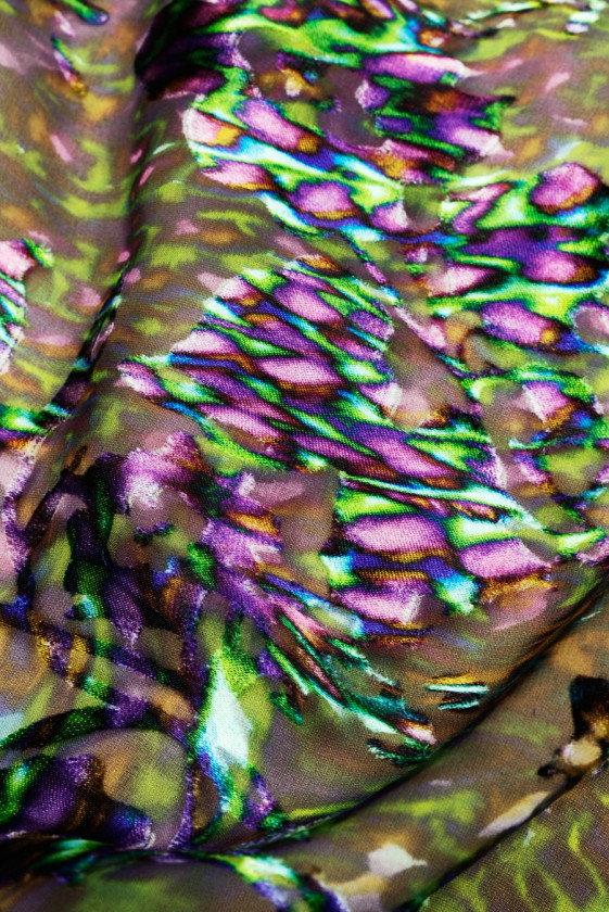 Silk with viscose devore green-purple