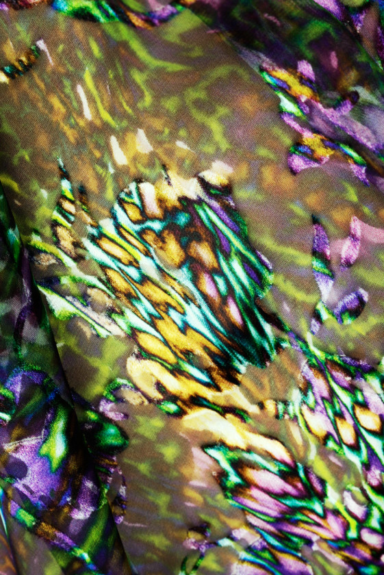 Silk with viscose devore green-purple