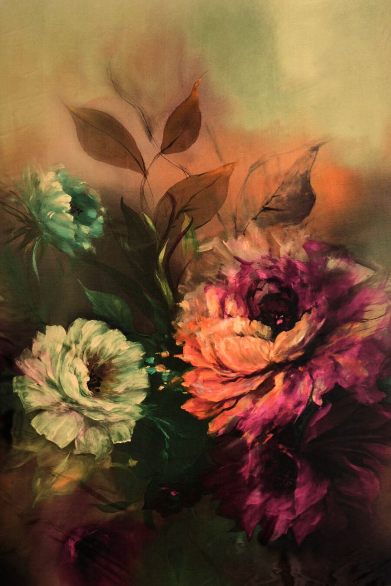 Seide Satin Große bemalte Blumen