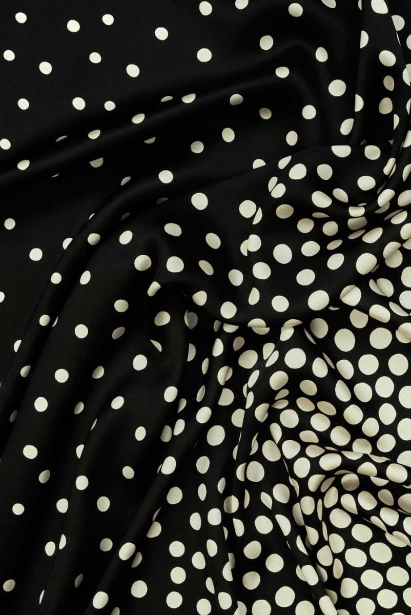 Black Satin Viscose with Polka Dots