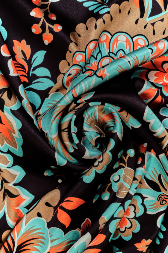 Seidensatin türkis orange Blumen