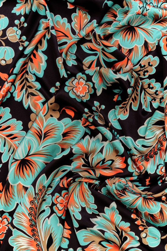 Seidensatin türkis orange Blumen